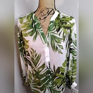 Chico's White Blouse with Green Tropical Leaf Print